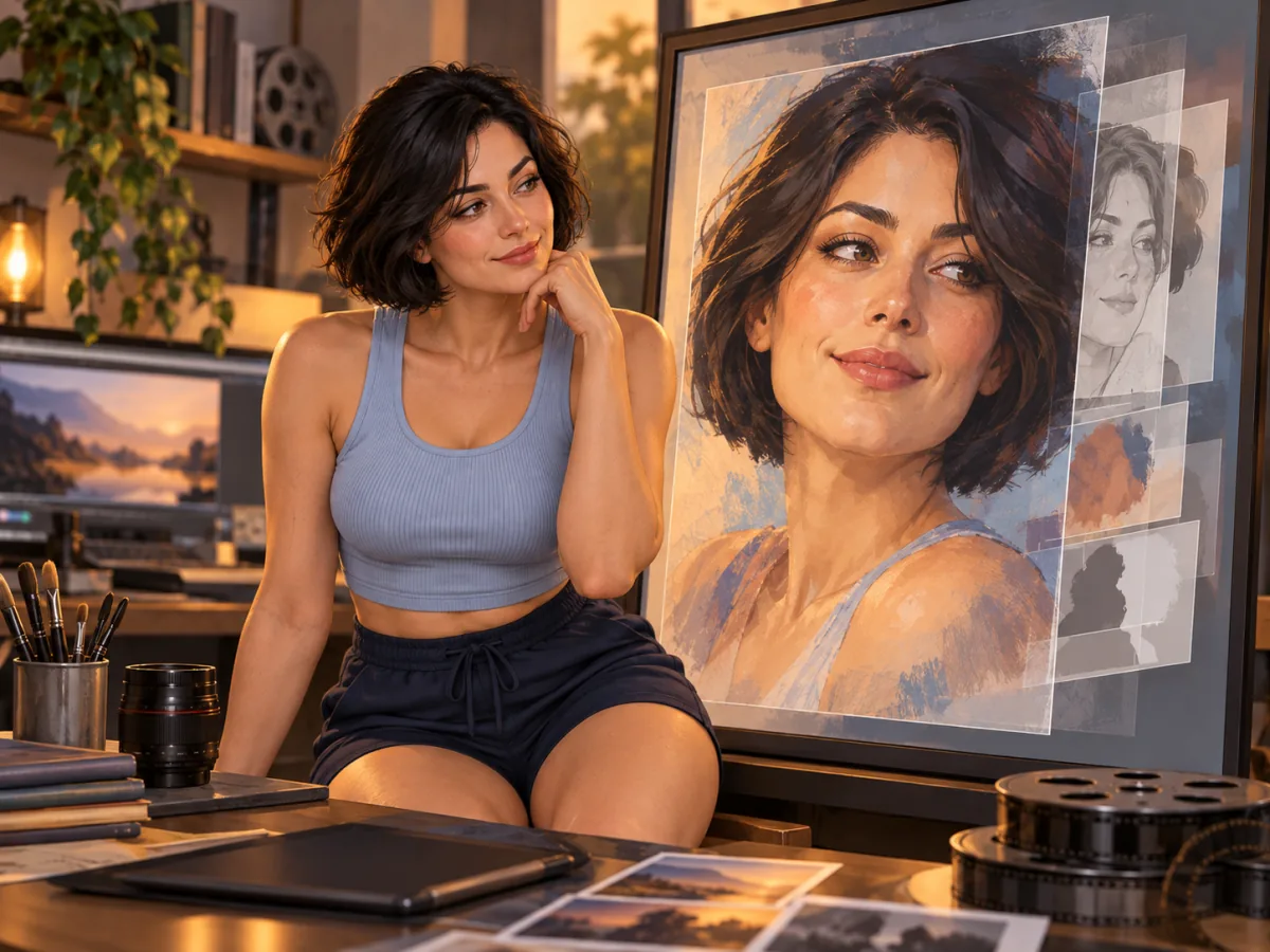 Mulher em um ateliê ao lado de um retrato no cavalete