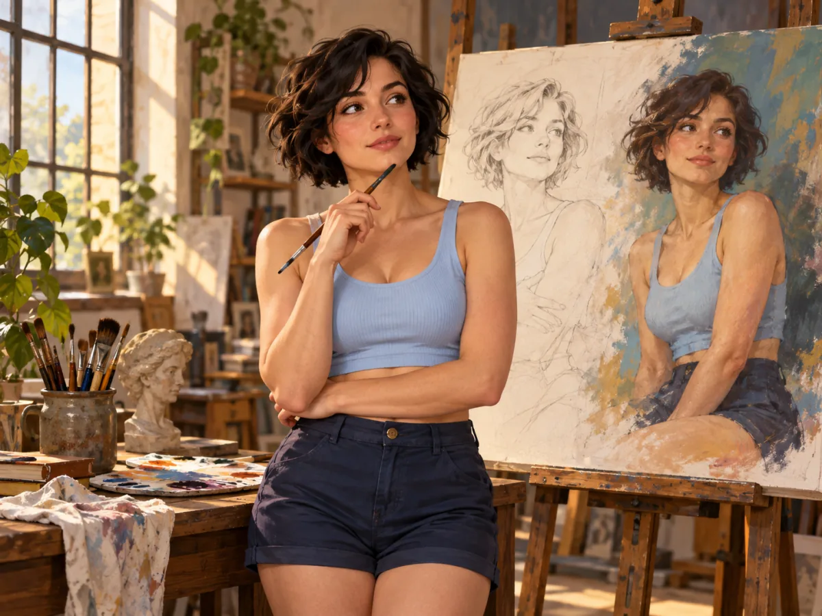 Mulher pintando uma tela no ateliê
